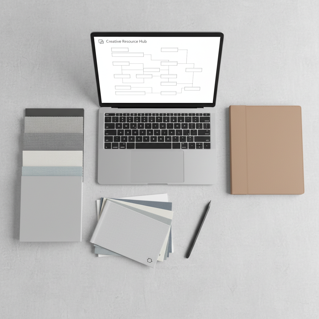 An overhead view of a meticulously arranged workspace featuring a thin, silver laptop open to a wireframe-style site map labeled “Creative Resource Hub,” with clearly defined, rectangular sections connected by crisp lines. The laptop rests on a pale gray, textured desk surface surrounded by neatly stacked swatch books, a slim graphite stylus, and a single, closed portfolio folder in warm taupe. Neutral tones dominate, with subtle accents of muted blue and soft sandstone for visual hierarchy. Soft studio lighting from above creates even illumination with minimal shadows, highlighting order and structure. The photographic, clean, modern aesthetic and balanced composition evoke clarity, strategic thinking, and confident decision-making for emerging creative professionals navigating complex information.
