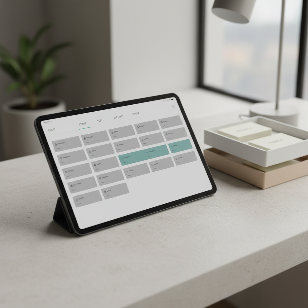 A sleek, dark graphite tablet lies on a pale stone desk, displaying a carefully structured resource library interface with clearly separated sections labeled “Start,” “Plan,” “Execute,” and “Grow.” Each section contains tidy rows of rectangular content cards in neutral grays, with one accent row in muted teal to indicate current selection. Beside the tablet, a pair of angular, stackable trays in white and warm beige hold uniformly sized index cards labeled with concise, printed categories, reinforcing a sense of order. Gentle, overcast window light from the right provides soft, natural illumination with faint, controlled shadows, highlighting surface textures. Captured from a slightly elevated angle with shallow depth of field, the focus rests on the tablet interface, while background elements blur softly, creating a calm, focused, professional atmosphere of guided progression for creative careers.