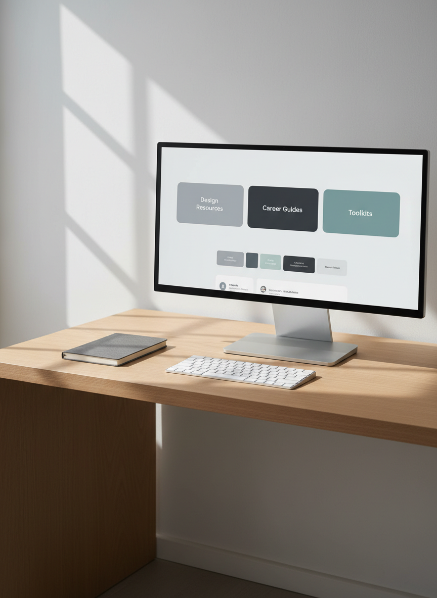 A large, ultra-modern digital dashboard interface displayed on a slim, silver 4K monitor sits on a clean, light oak desk with sharp edges and a matte finish. The screen shows neatly organized cards labeled “Design Resources,” “Career Guides,” and “Toolkits” in a neutral palette of soft grays, charcoal, and muted teal accents. Surrounding the monitor are only a closed graphite-gray notebook and a minimal wireless keyboard, reinforcing a clutter-free environment. Soft, diffused daylight from an unseen window to the left casts gentle, linear shadows across the desk surface, emphasizing clean lines and structure. Captured at eye level with photographic realism and sharp focus throughout, the composition follows the rule of thirds to create a calm, professional mood and convey intuitive, organized access to creative resources.