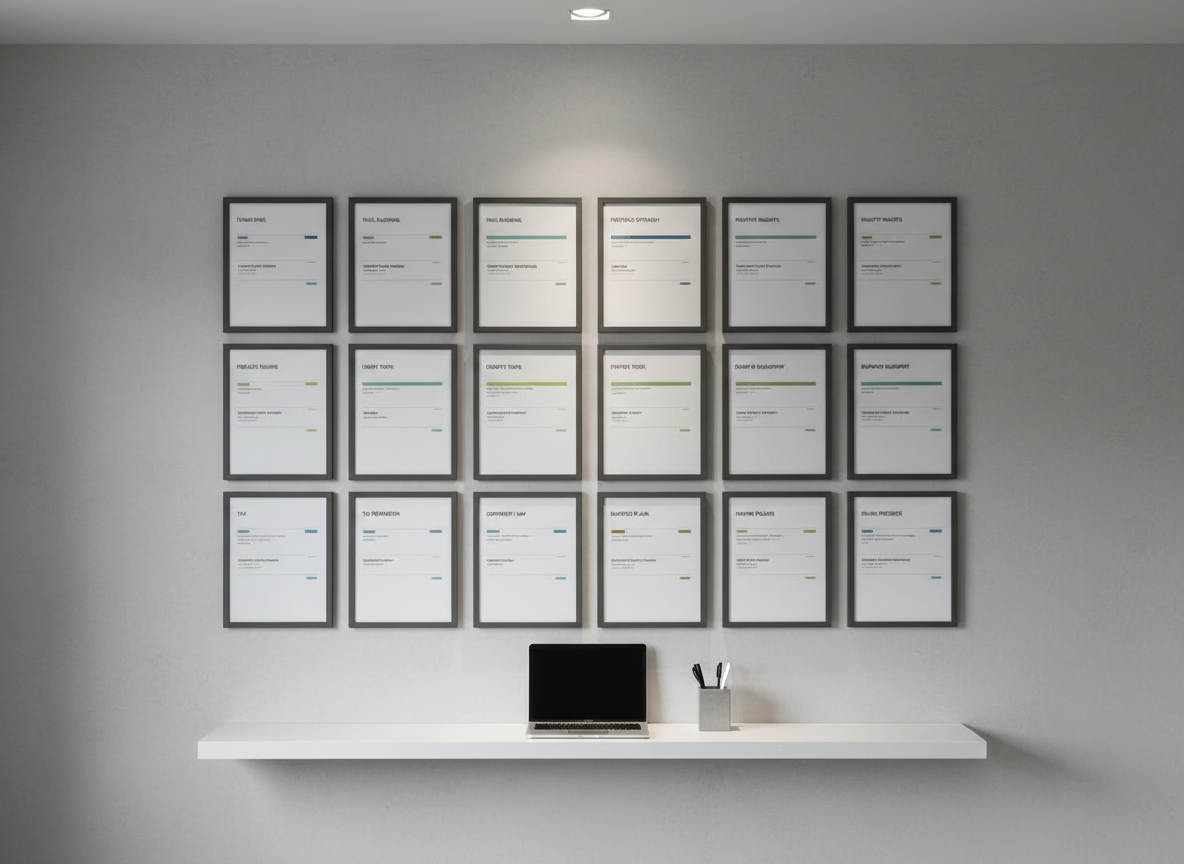 A structured, wall-mounted grid of slim, matte charcoal frames contains neatly labeled documents and resource cards titled “Funding Options,” “Skill Building,” “Portfolio Strategy,” and “Industry Insights.” Each frame is uniformly spaced on a smooth, light concrete wall, creating a precise, modular layout. A narrow white floating shelf below holds a single, closed laptop and a minimal concrete pen holder, continuing the neutral palette. Soft, indirect office lighting from a recessed ceiling fixture casts evenly diffused light, creating subtle, vertical shadows that emphasize the geometry. Shot straight-on with a wide lens and photographic realism, the image has sharp focus and a balanced, corporate composition that communicates organization, reliability, and methodical support for creative professionals planning their careers.